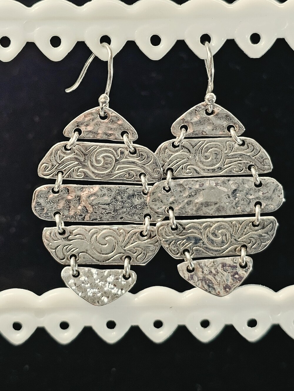 Sterling Silver Textured Embossed Tiered Hinged Earrings 2.5" ATI Mexico